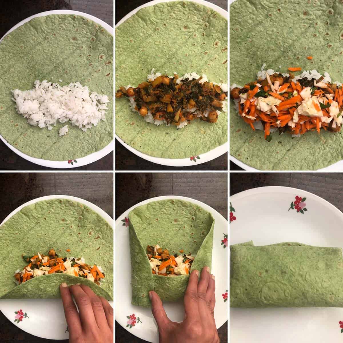 Step by step photos showing the making of wrap sandwich - place the fillings on the bottom half of the tortilla, fold the bottom edge over the filling, followed by the sides, then roll and wrap to make the sandwich