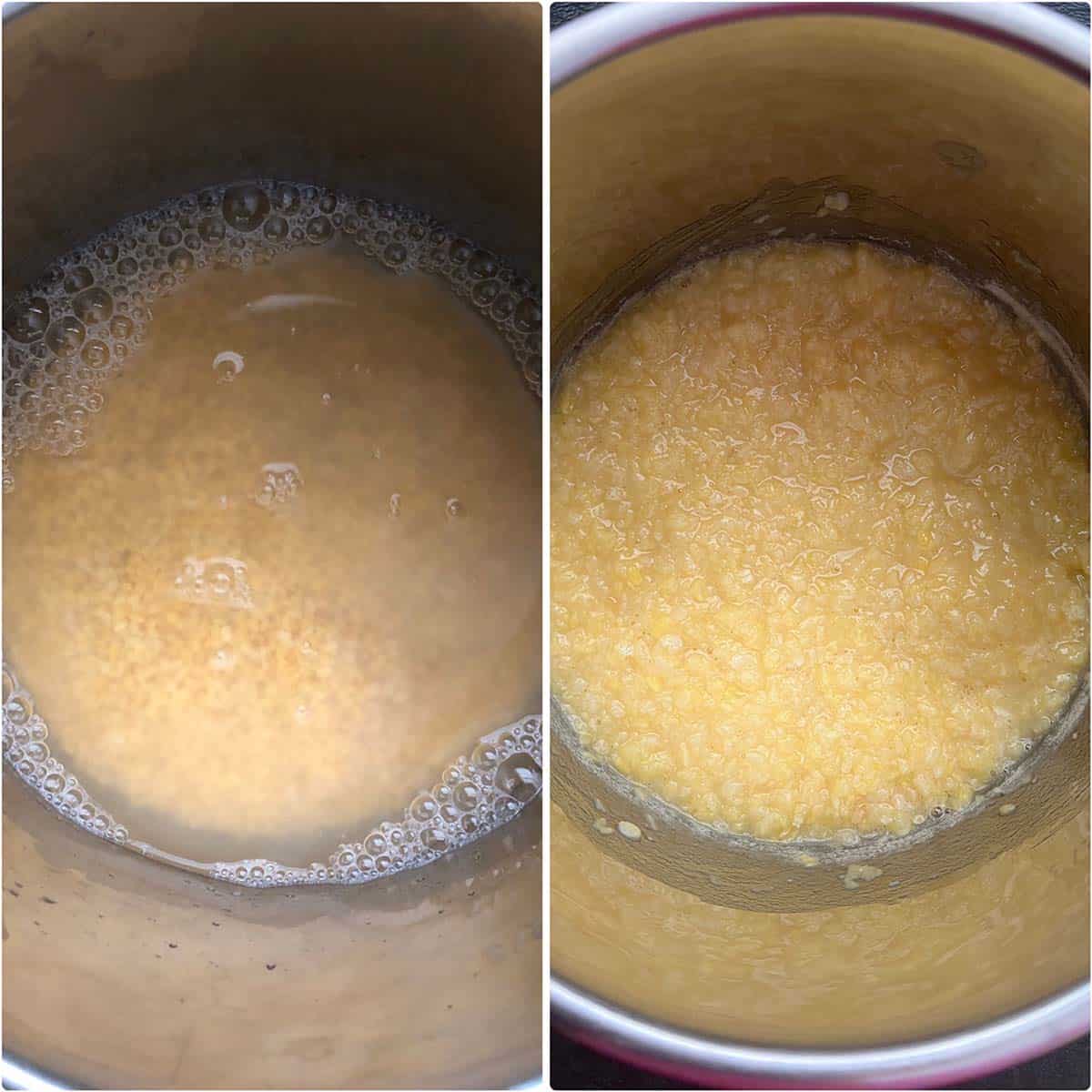 2 panel photo showing moong dal before and after cooking.