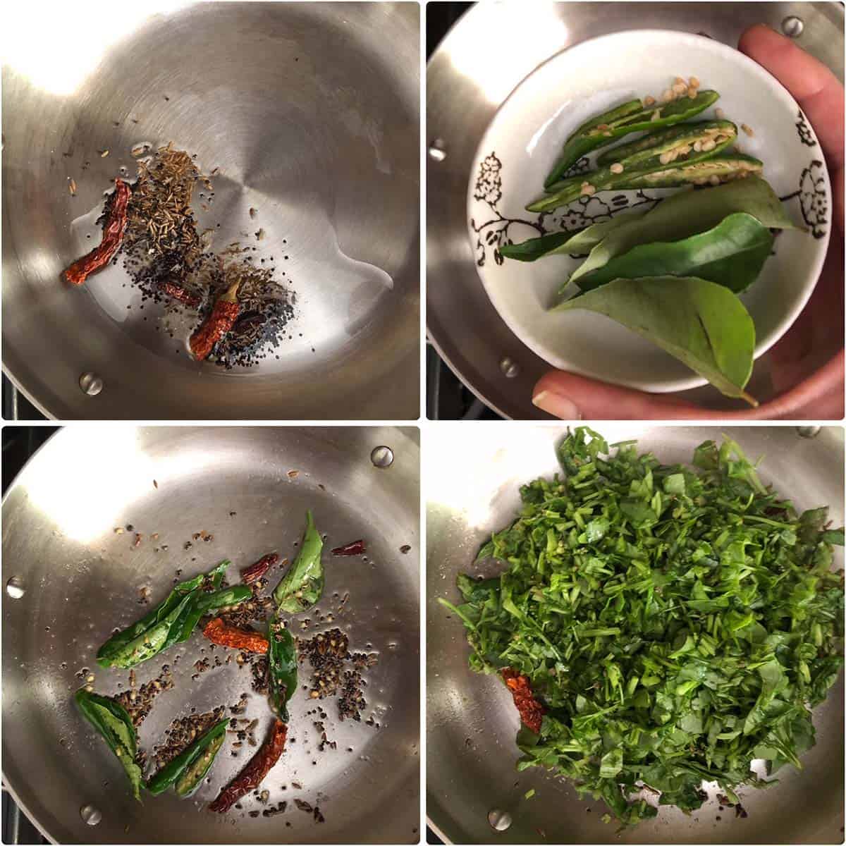 4 panel photo showing the cooking of tadka and greens.