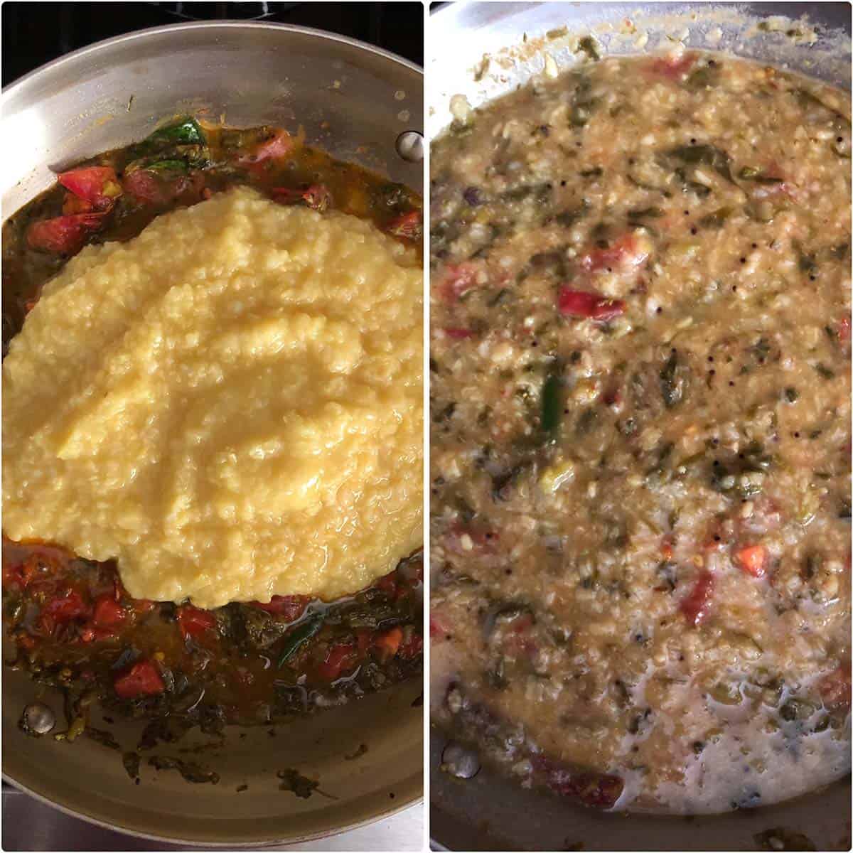 2 panel photo showing the addition of cooked dal to the pan.