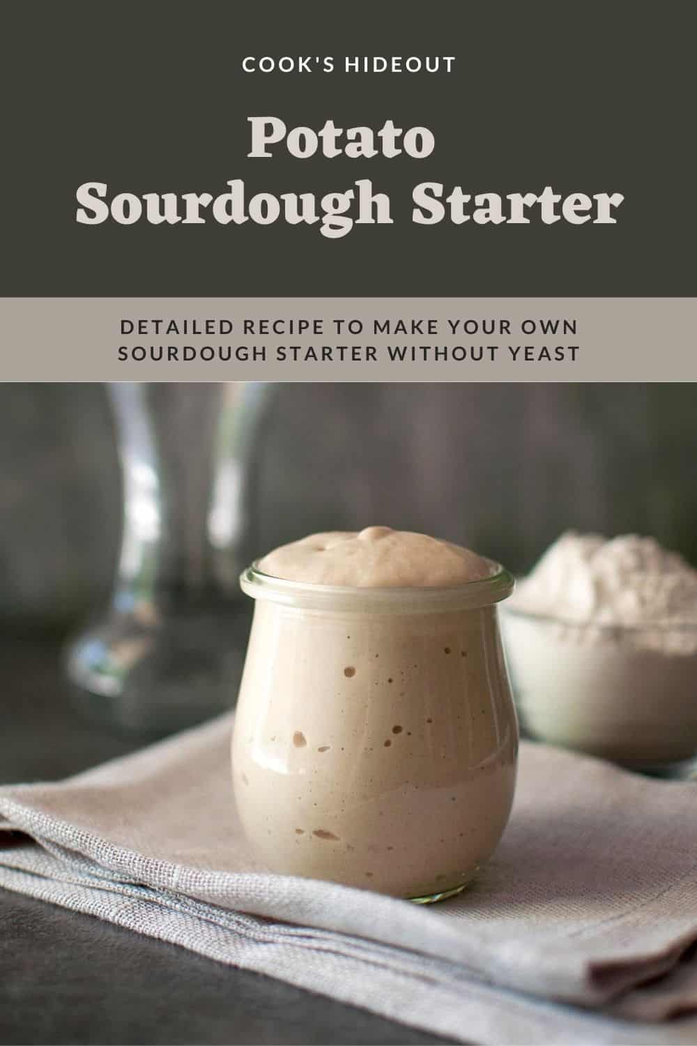 Small glass jar with fully risen potato sourdough starter