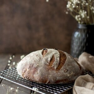 Wire rack with a boule of sourdough bread