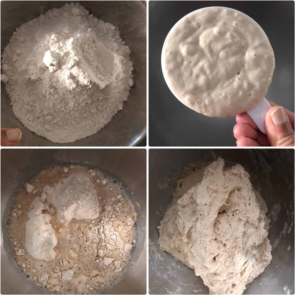 Combining flour and sourdough starter in a mixing bowl