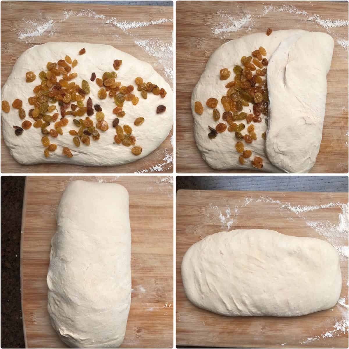 Folding in raisins into a sourdough dough