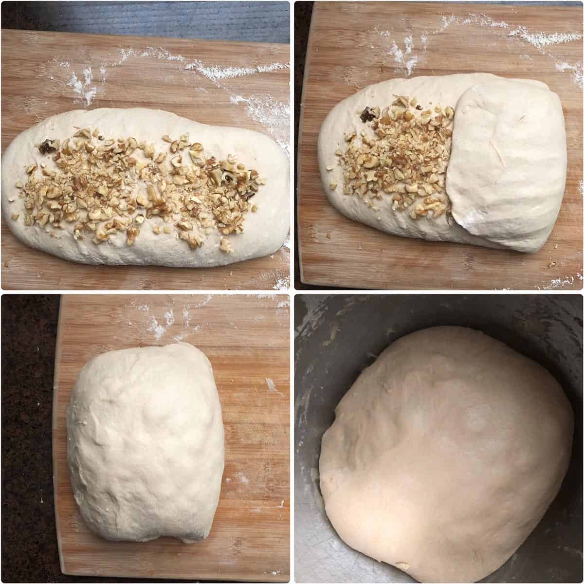 Folding in chopped walnuts into the dough