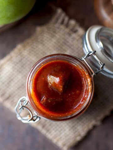 Top view of glass jar with andhra sweet avakaya