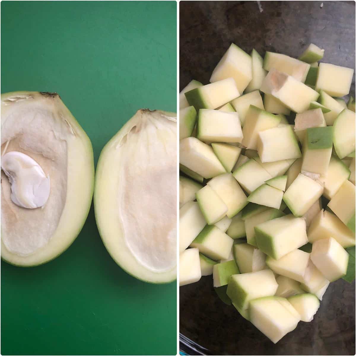 Side by side photos showing halved green mango and diced mango