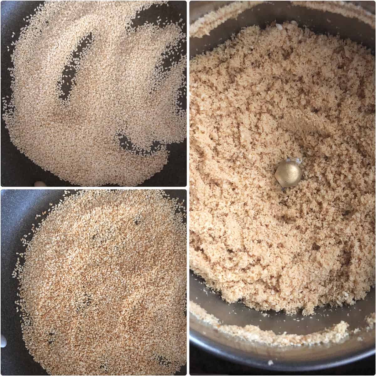 Step by step photos showing roasted and ground sesame seeds