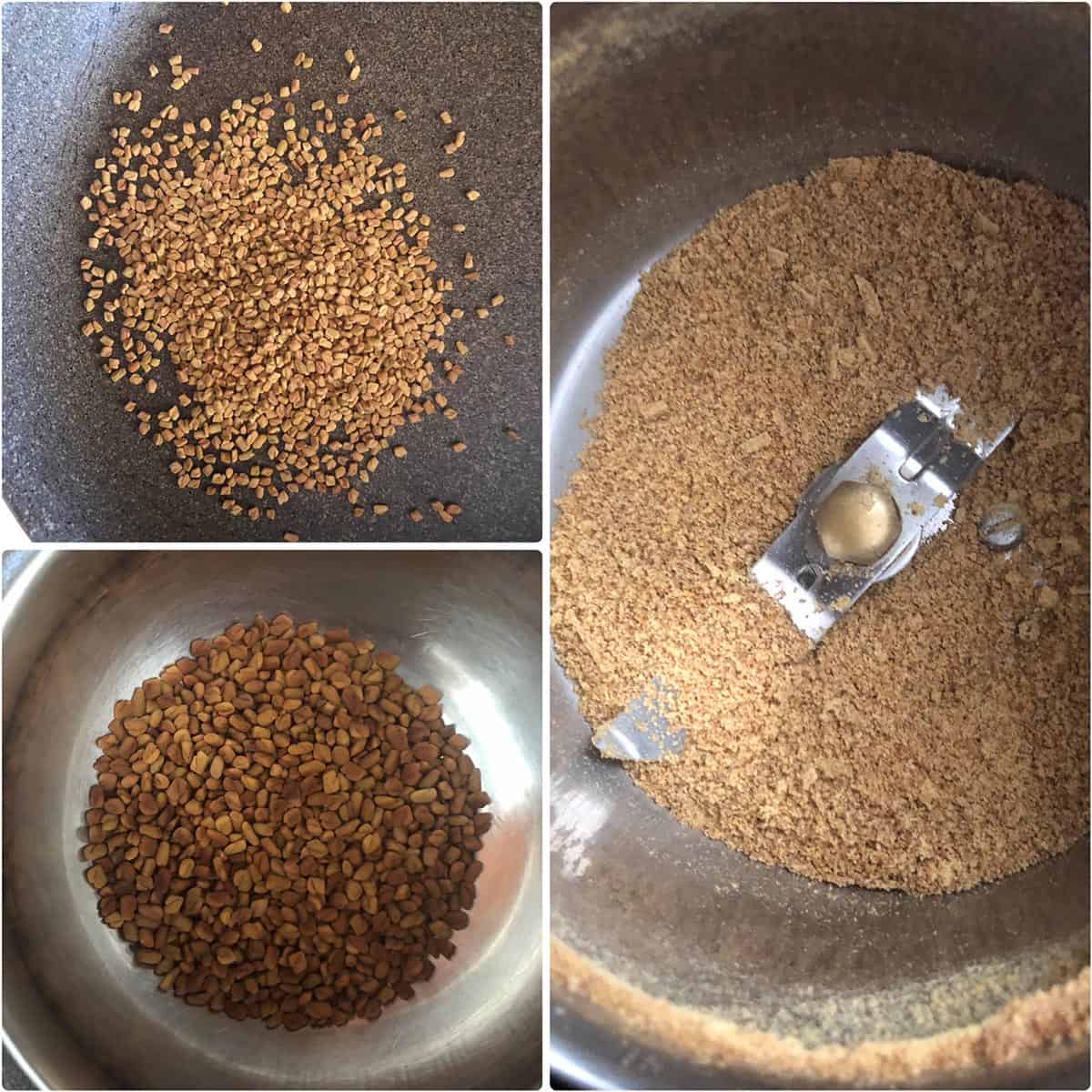Step by step photos showing roasted and ground fenugreek seeds