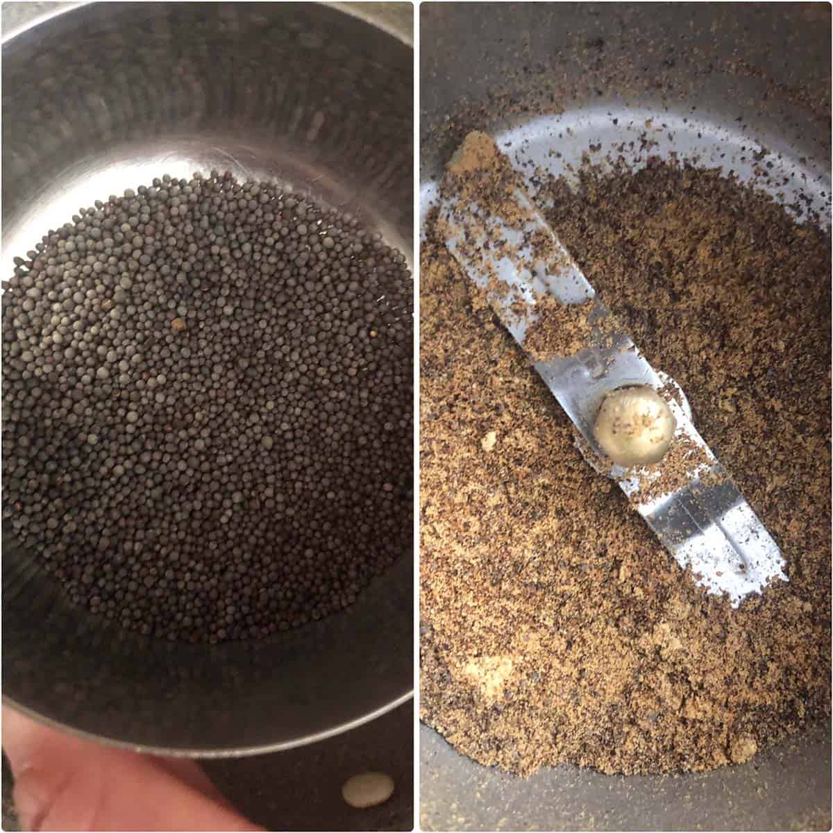 Step by step photos showing roasted and ground mustard seeds