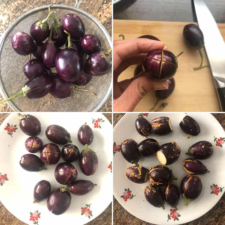 Collage of photos showing how to prep baby eggplant and how to stuff them with spice paste