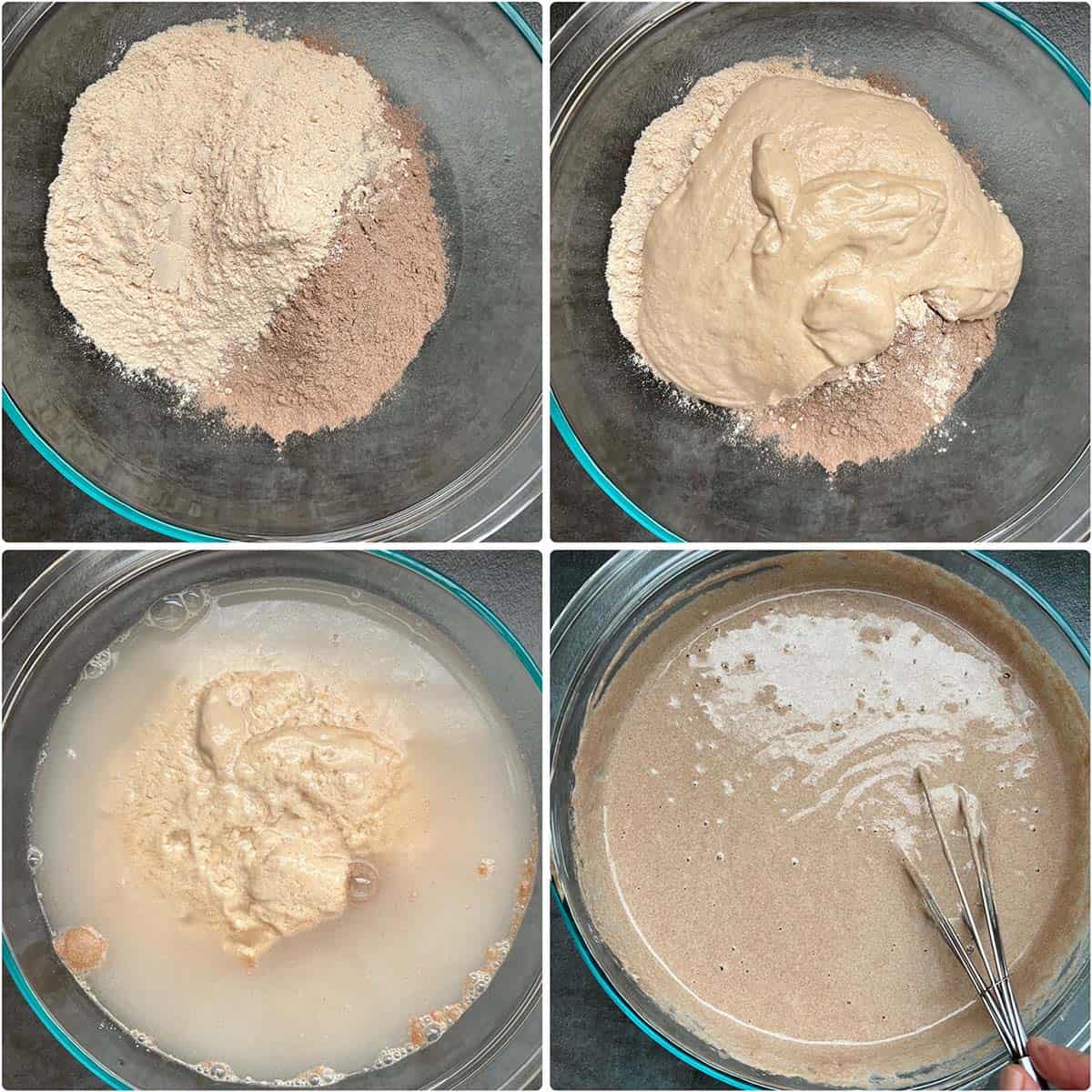 4 panel photo showing the mixing of ingredients in a bowl for the batter.
