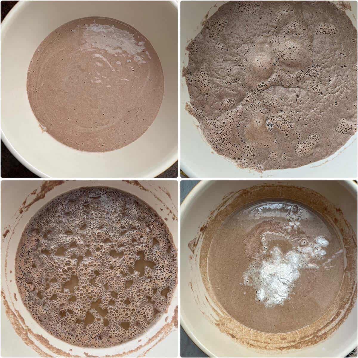 4 panel photo showing the batter throughout the fermentation process.