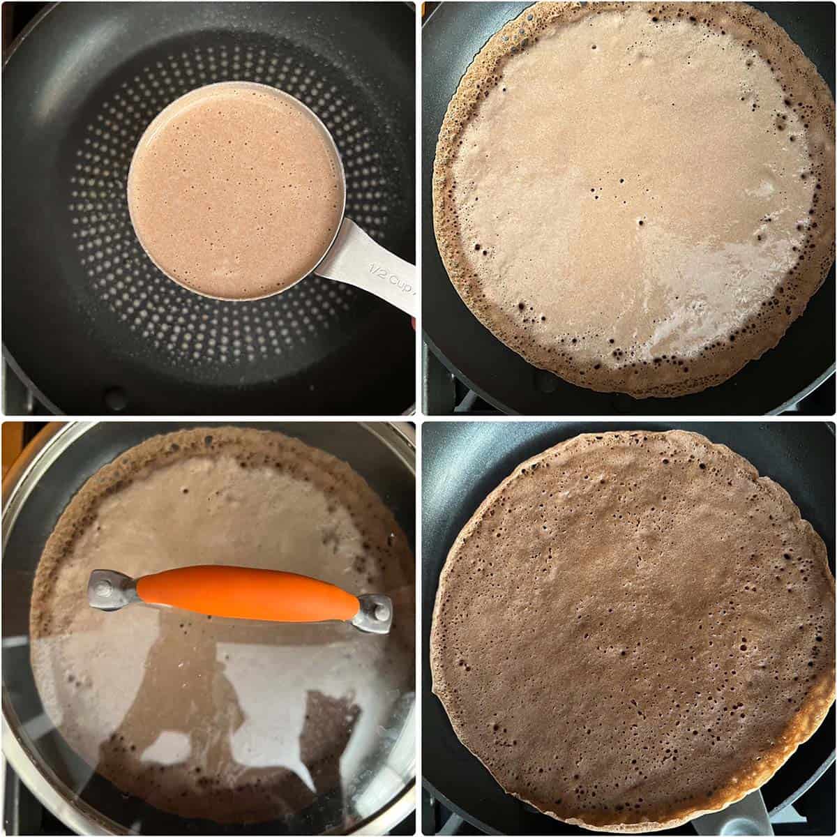 4 panel photo showing the making of Injera in a nonstick pan.