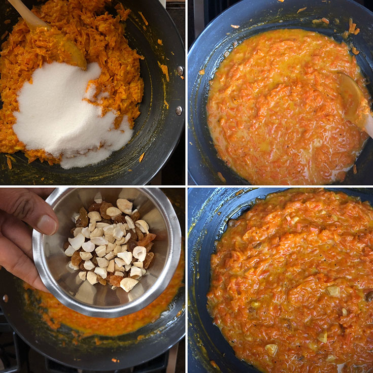 Step by step photos showing cooking of carrot halwa