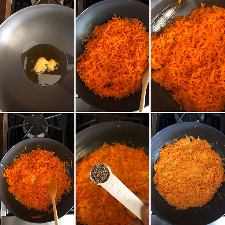 Step by step photos showing cooking of carrots