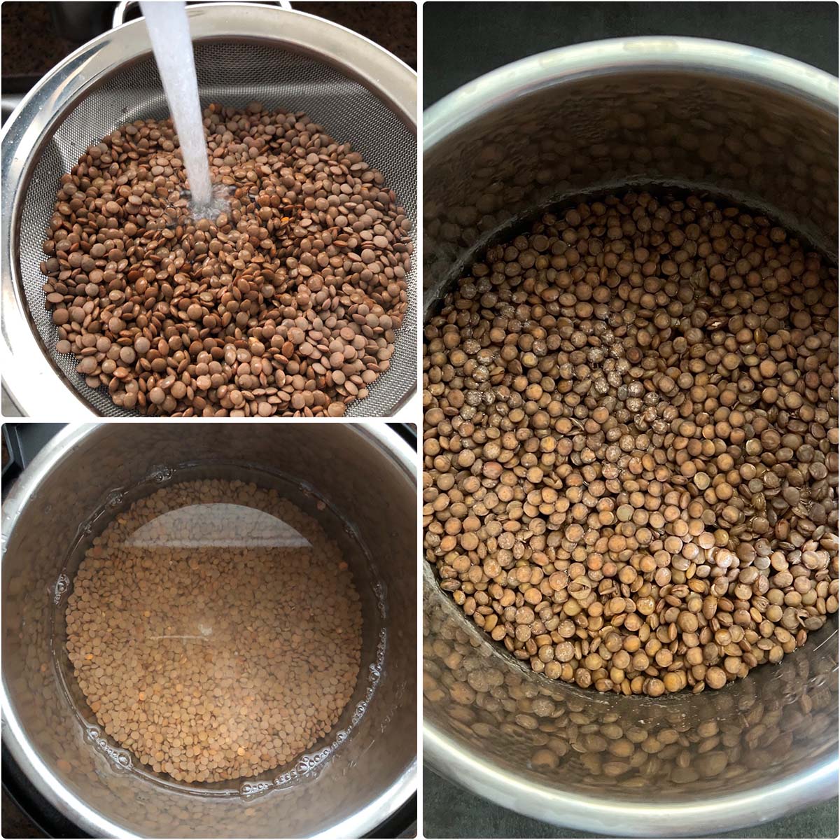 3 panel photo showing the cooking of brown lentils in Instant Pot.