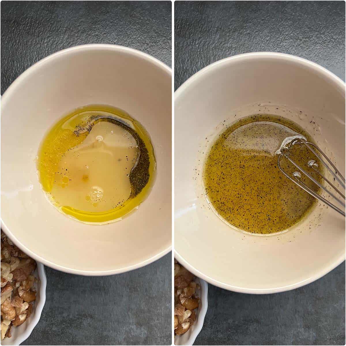 2 panel photo showing the mixing of dressing ingredients.