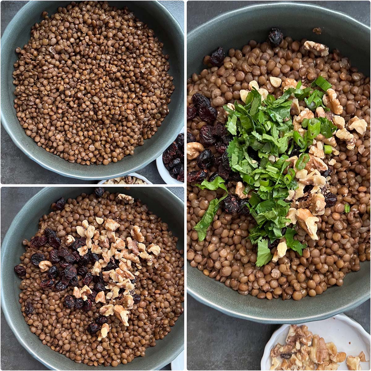 3 panel photos showing the assembling of lentil salad with cranberries.