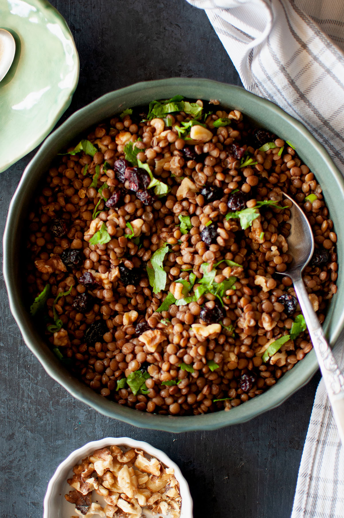 Top view of green bowl with lentil salad with cranberries.