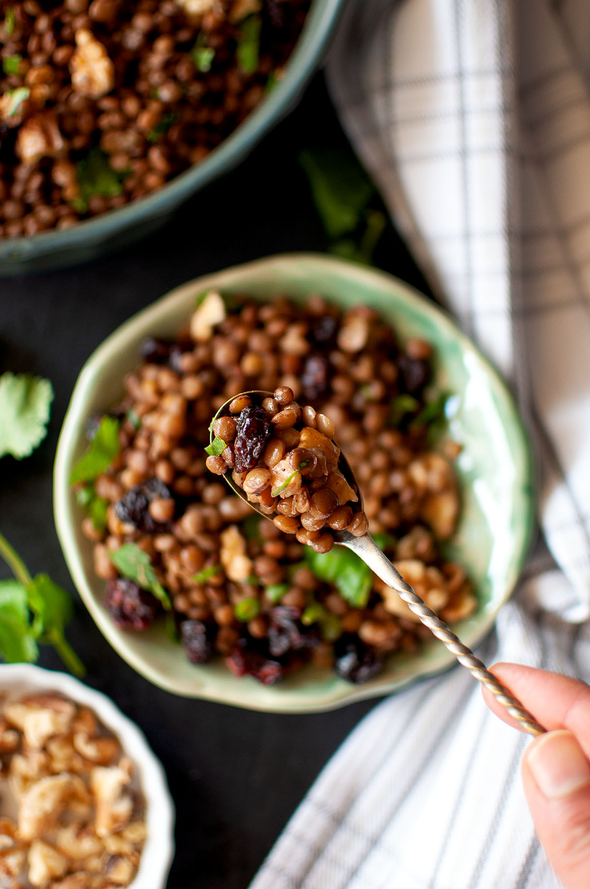 Spoon holding lentils over a green plate.