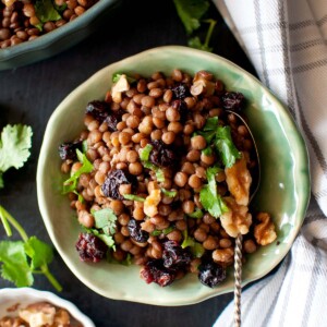 Green plate with brown lentil salad.