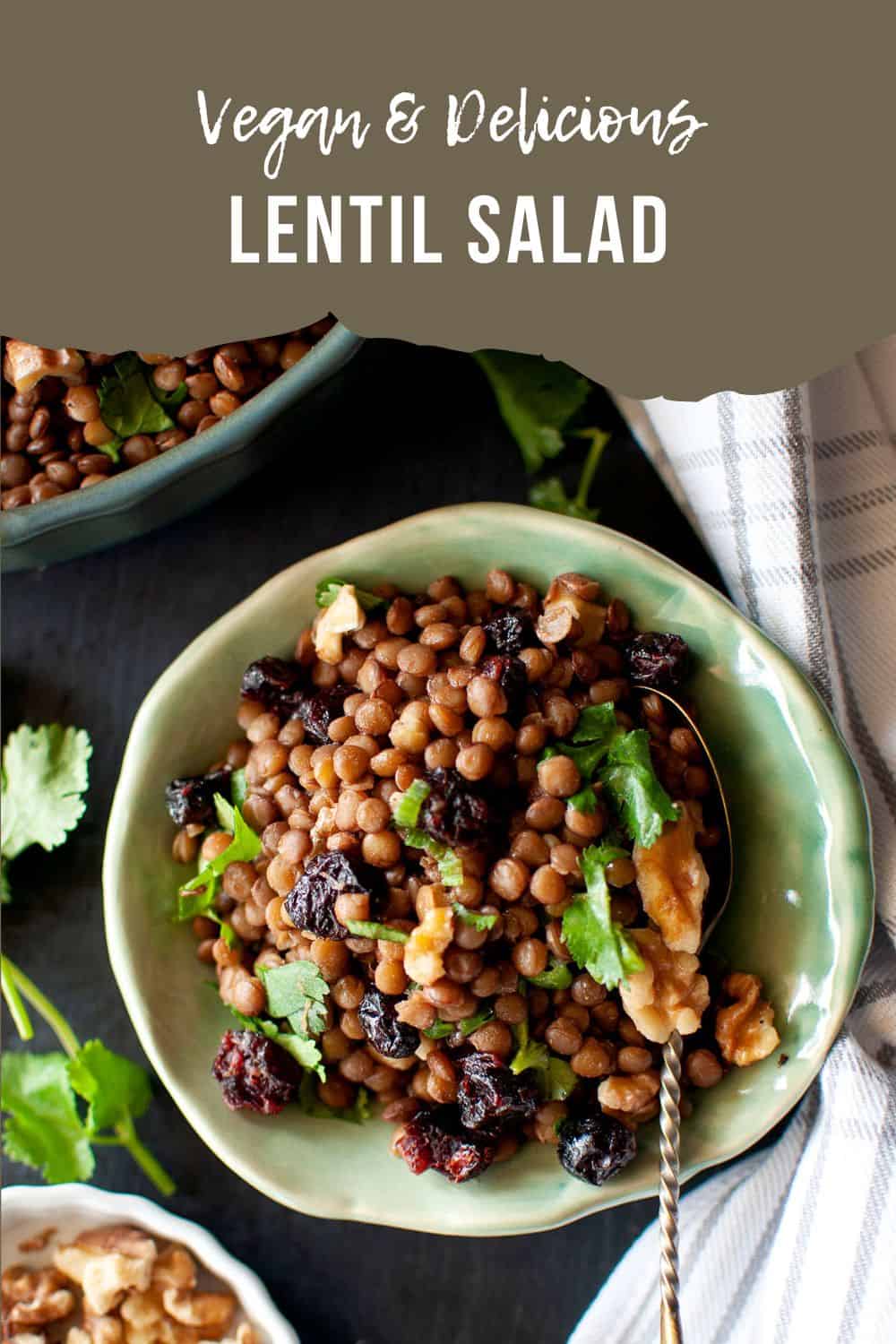 Top view of green bowl with lentil salad with cranberries.