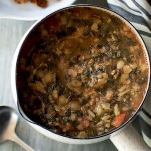 Top view of a pan with amaranth greens dal