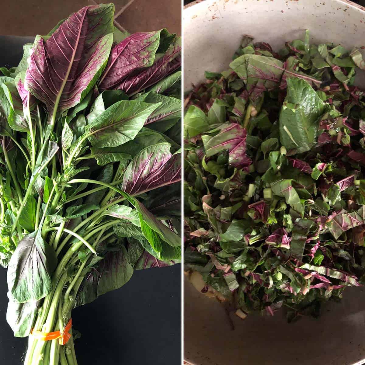 Side by side photos of Bunch of Amaranth greens and chopped greens