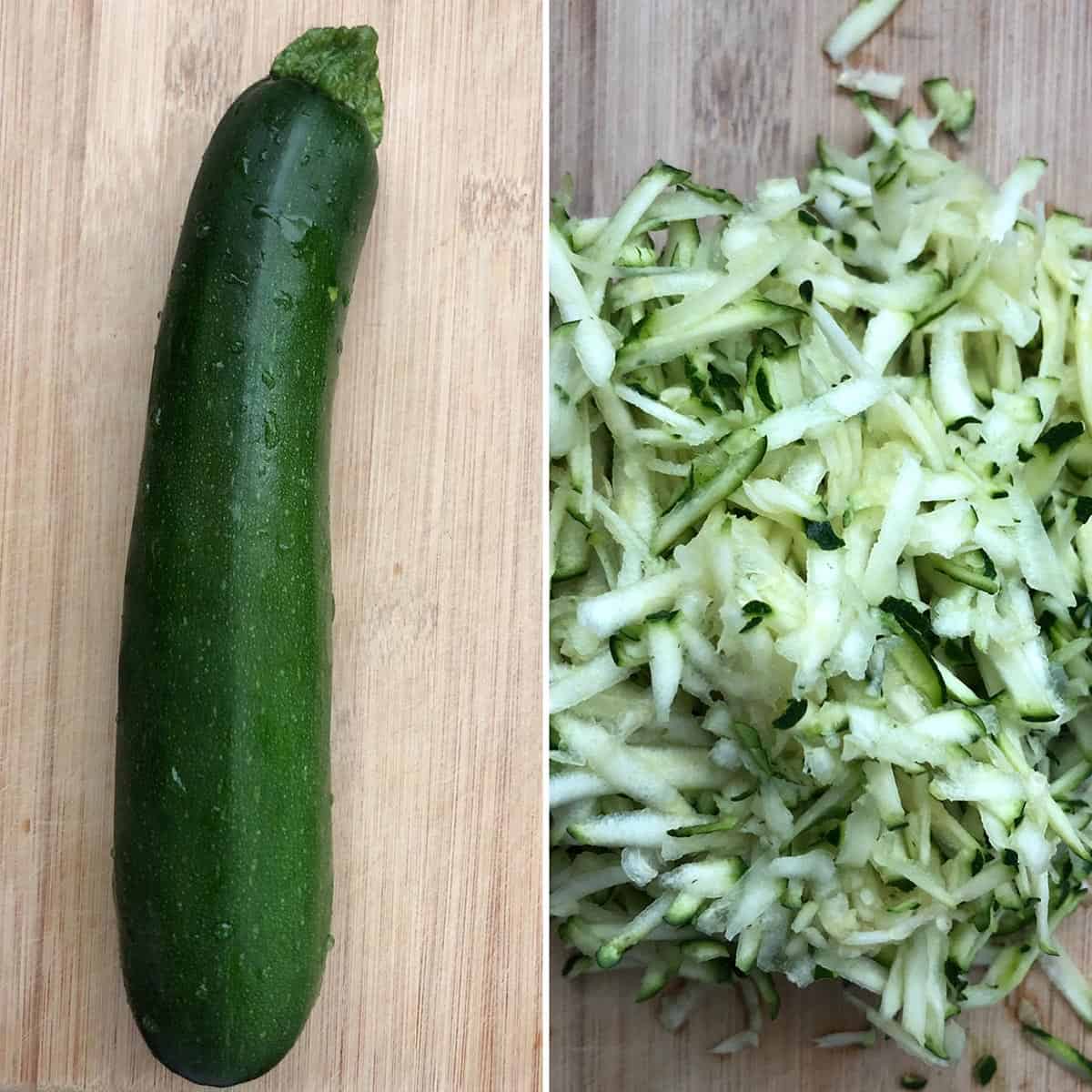 side by side photos of whole zucchini and grated zucchini