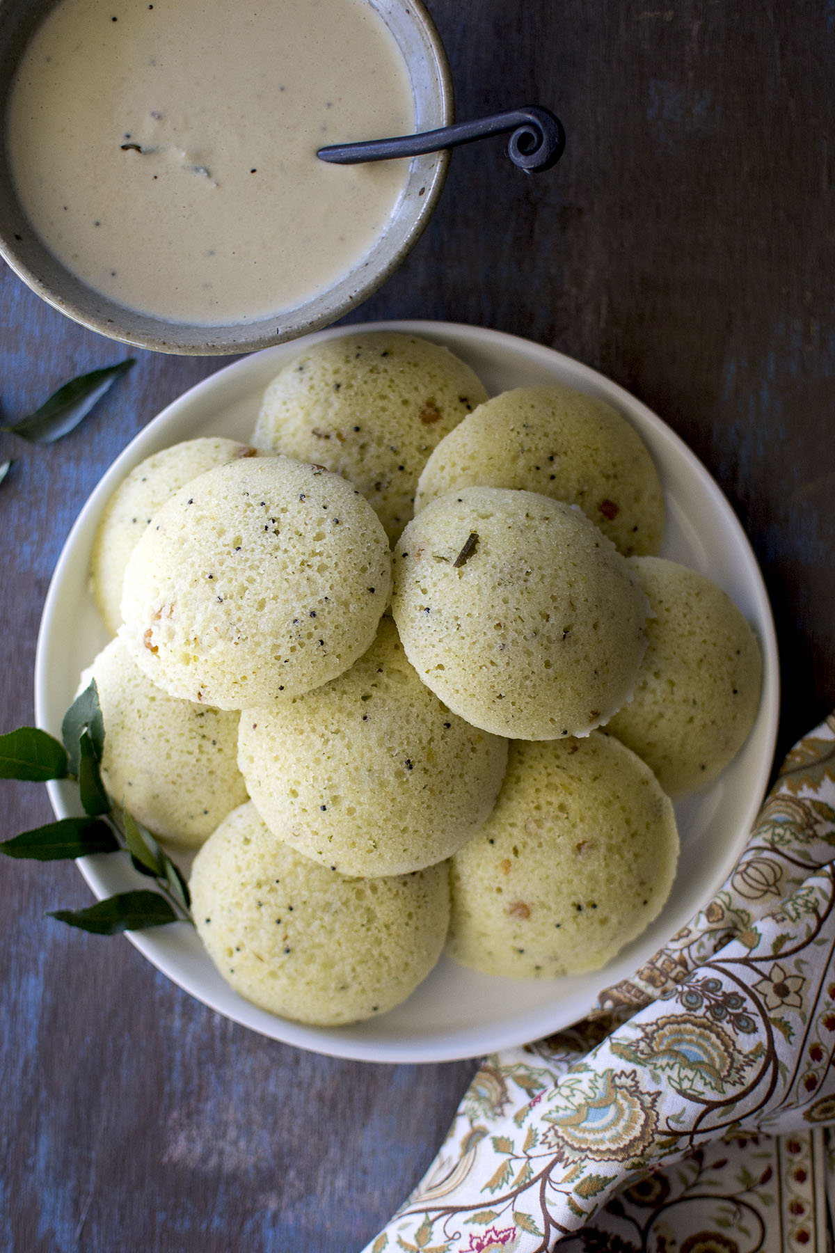 White plate with stack of rava idli