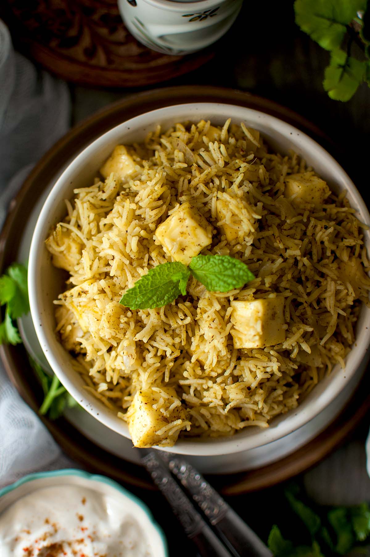 White bowl with Pudina Paneer Pulao