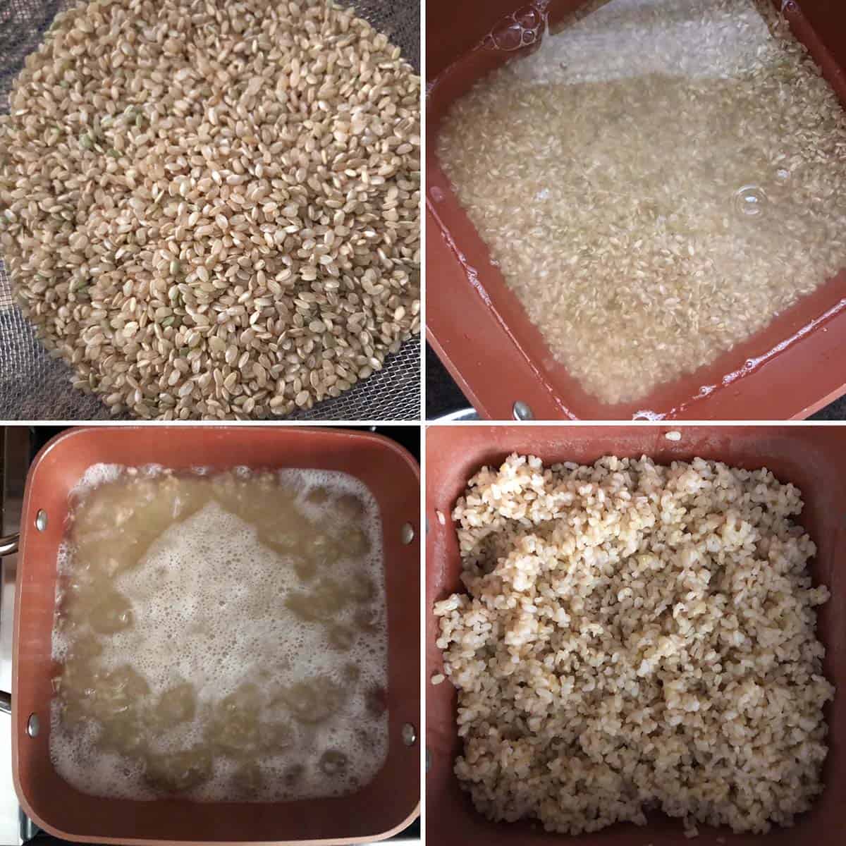 4 panel photo showing the cooking of brown rice.