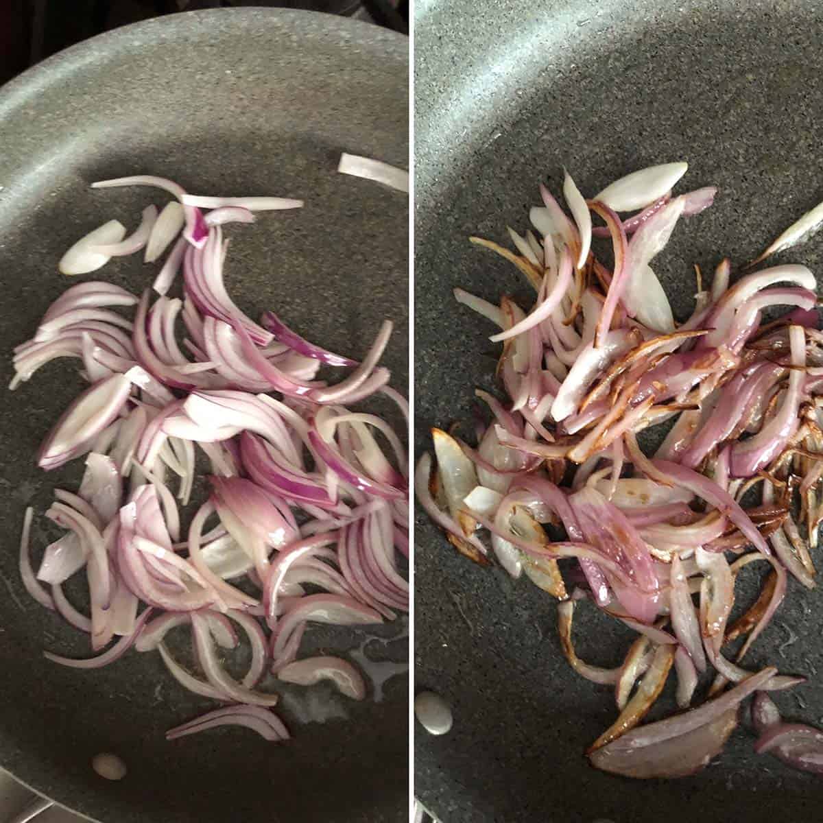 2 panel photo showing the cooking of red onions.