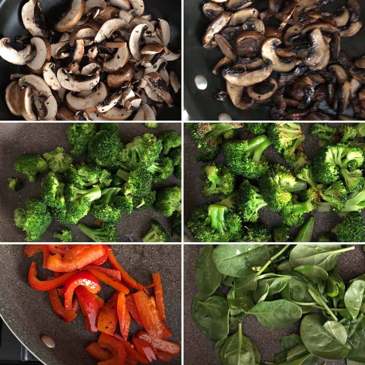 6 panel photo showing the sautéing of vegetables.