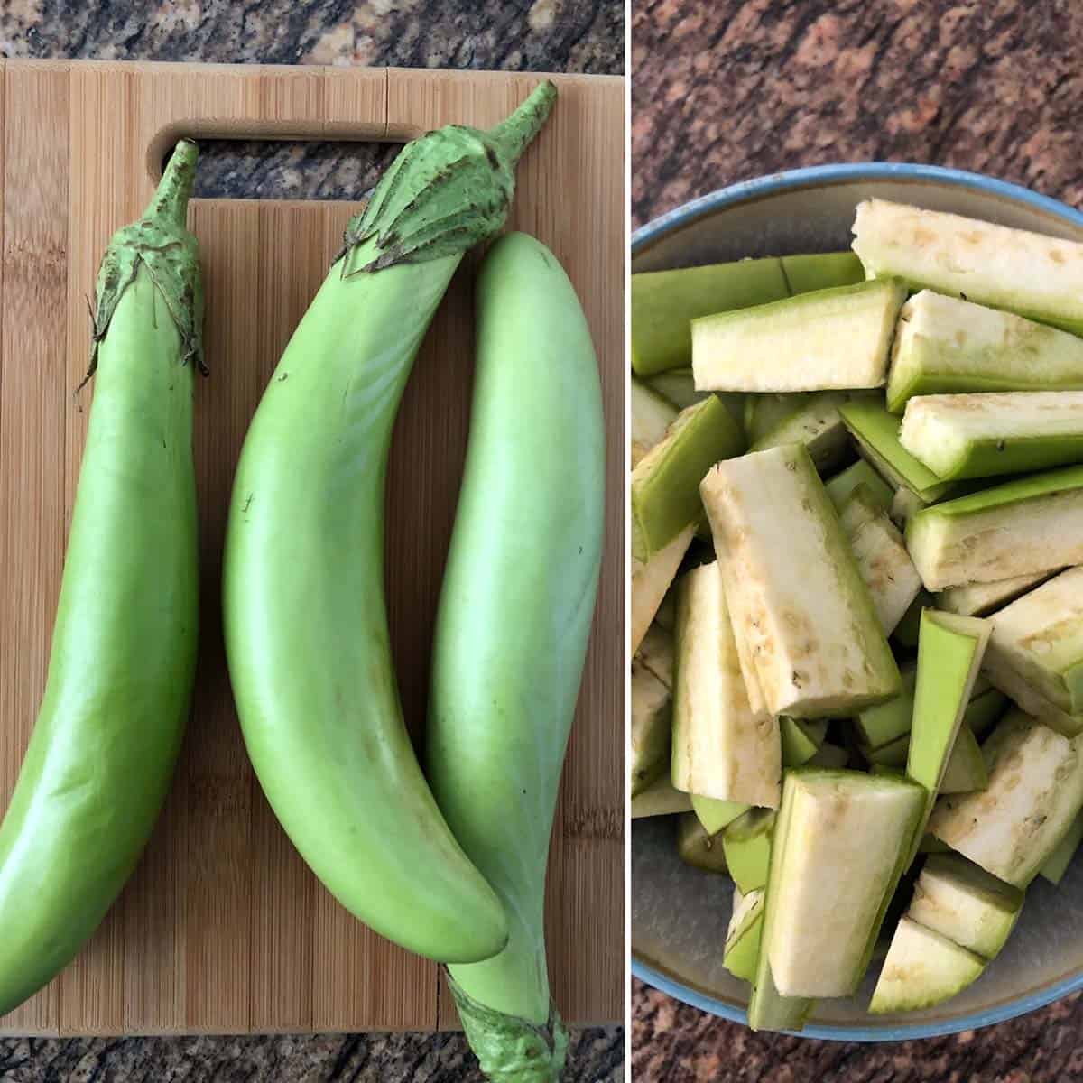 Green eggplants chopped into long pieces