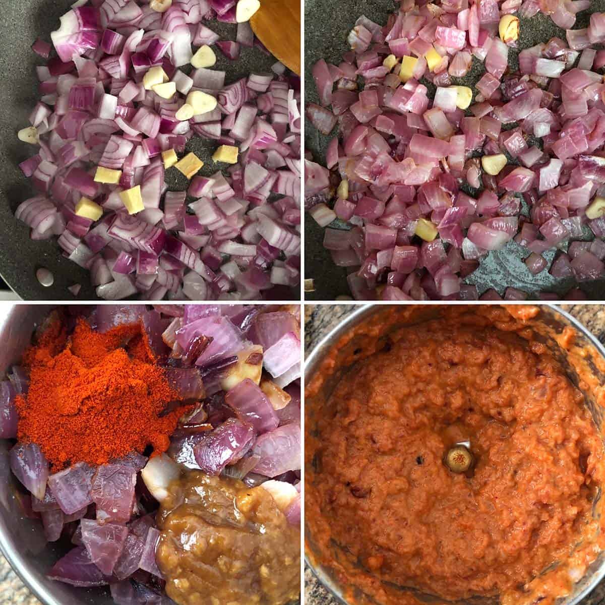 Step by step photos showing the making of onion spice paste