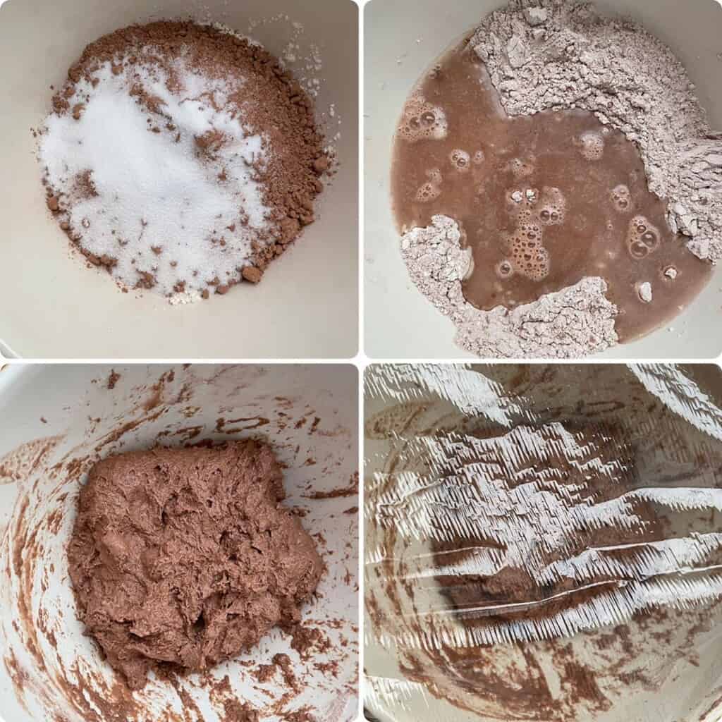 Mixing all the ingredients to make the chocolate sourdough bread