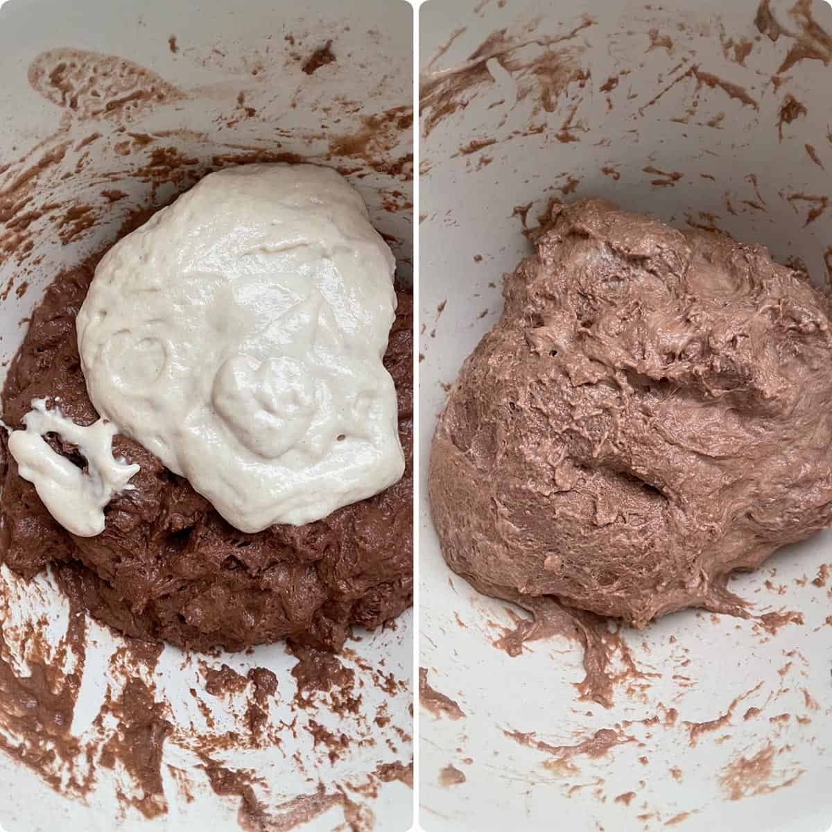 adding starter to the chocolate dough in the bowl