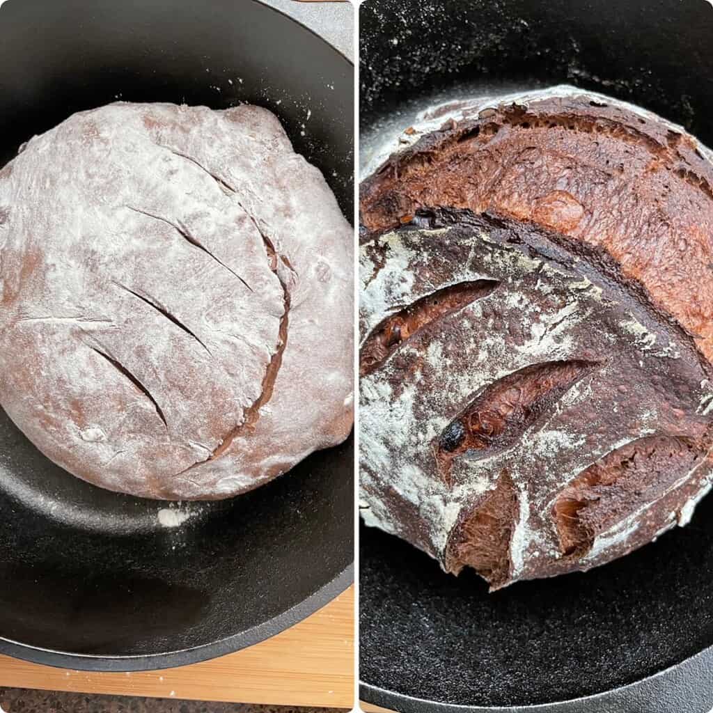 Side by side photos of the bread before and after baking