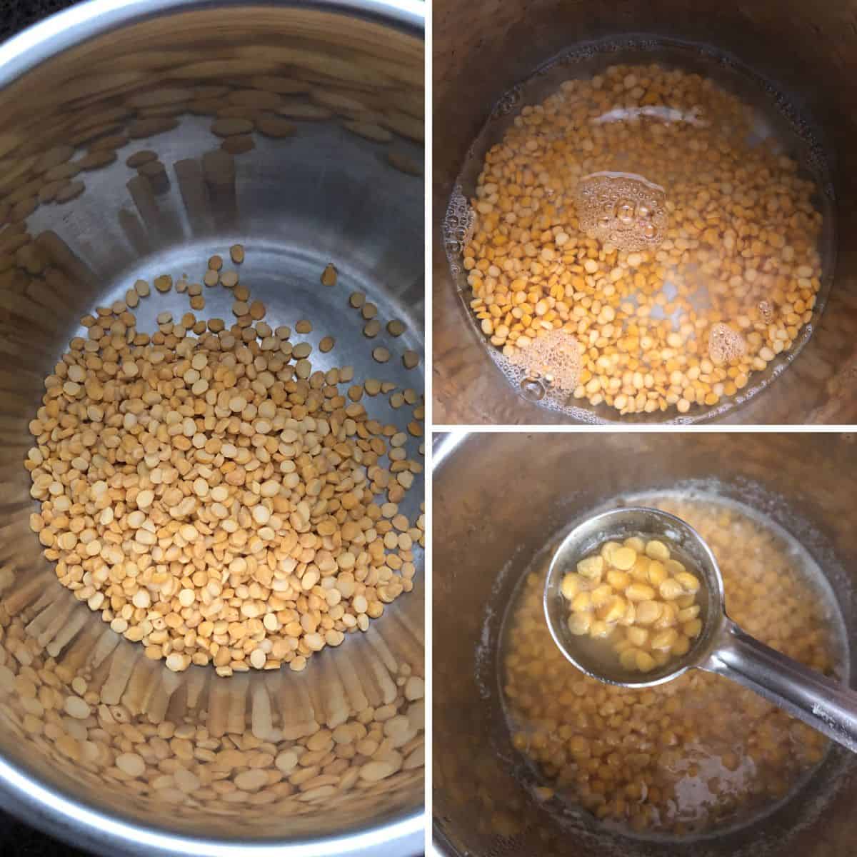 3 panel photo showing the cooking of chana dal.