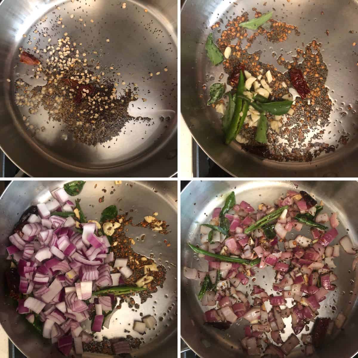 4 panel photo showing the sautéing of tadka and onions.