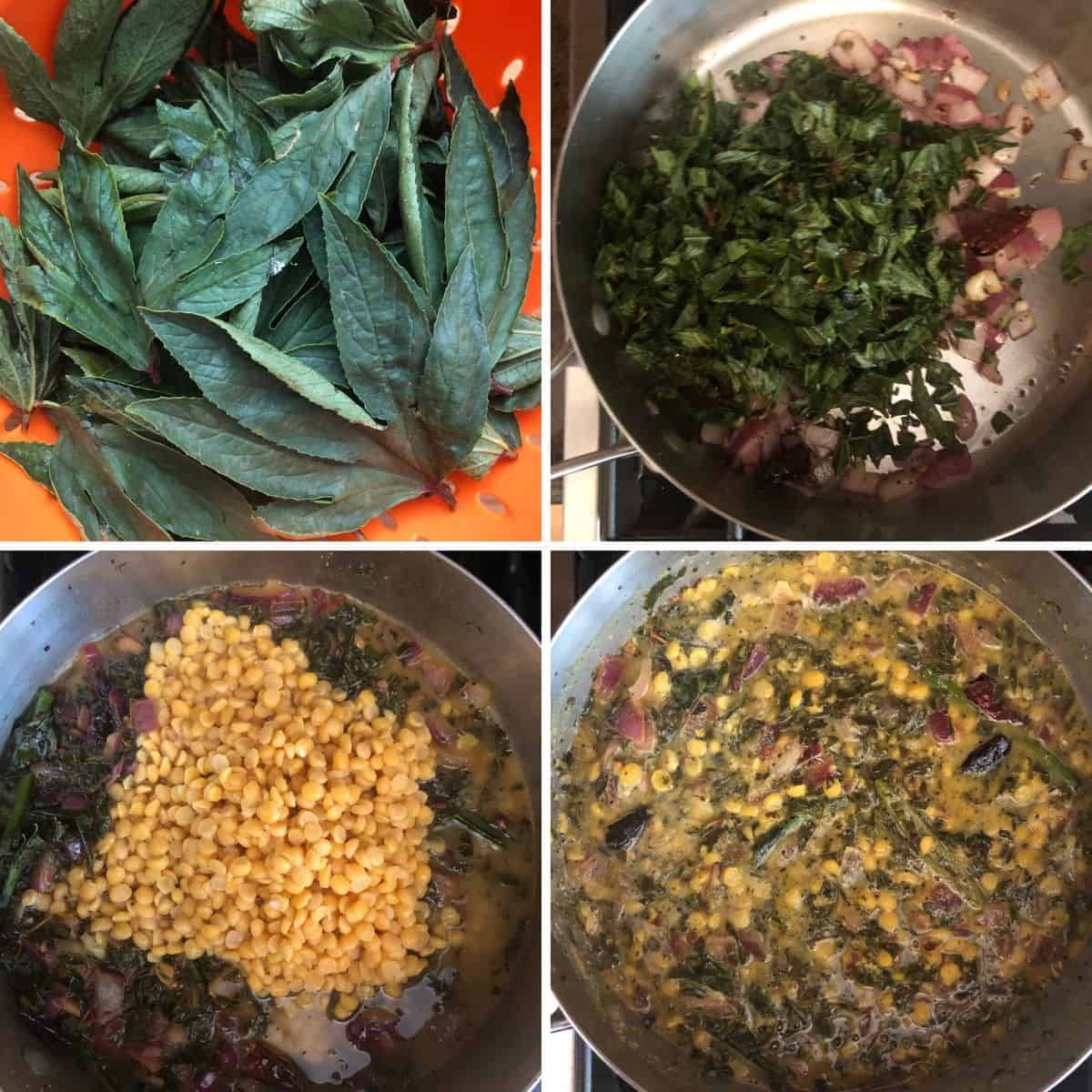 4 panel photo showing the cooking of greens and dal.