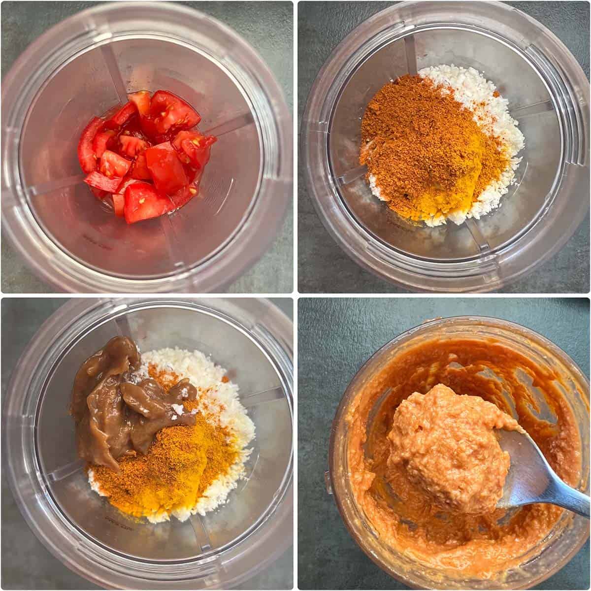 4 panel photo showing the making of tomato paste in a blender.