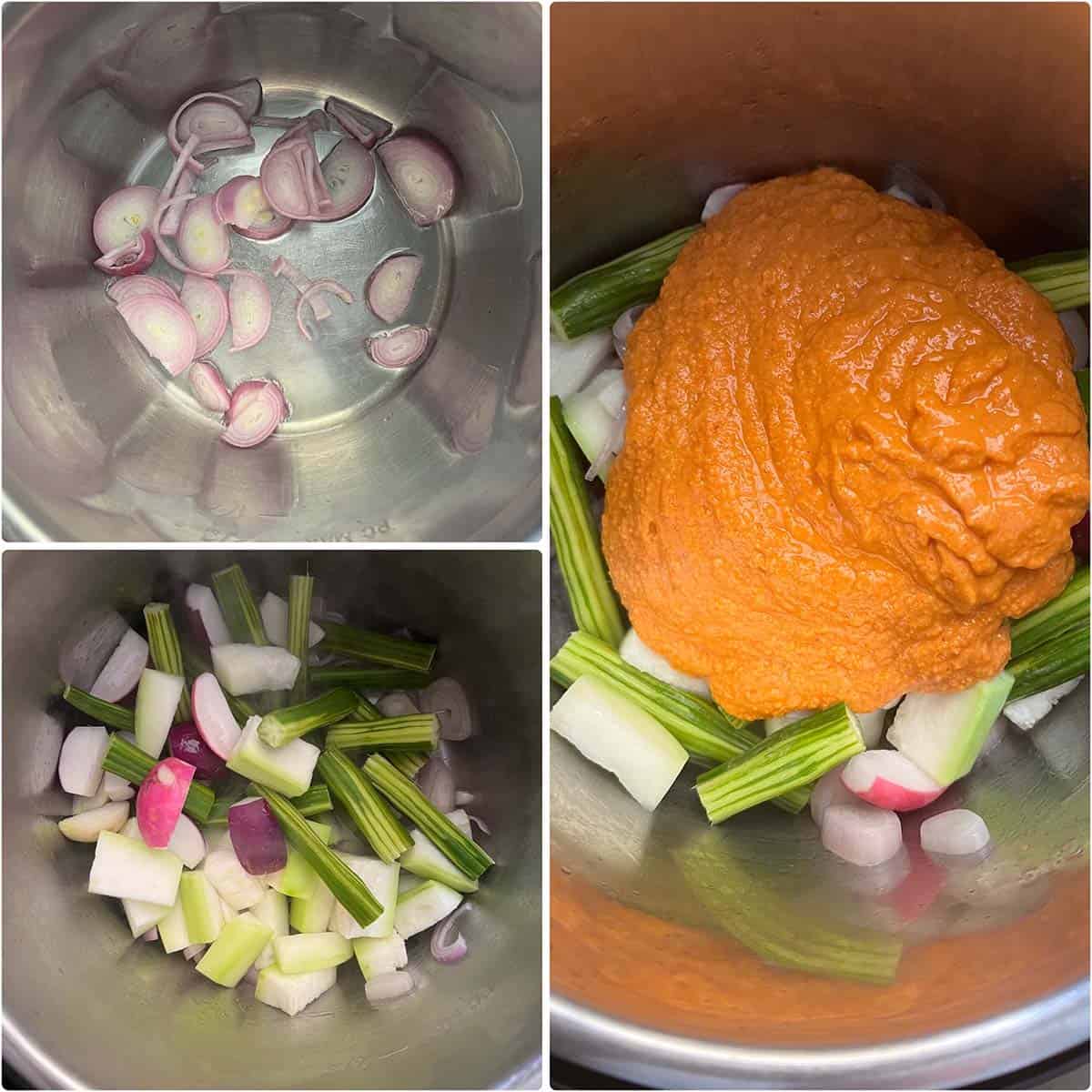 3 panel photo showing the sautéing of onions, veggies and tomato paste in an Instant pot.