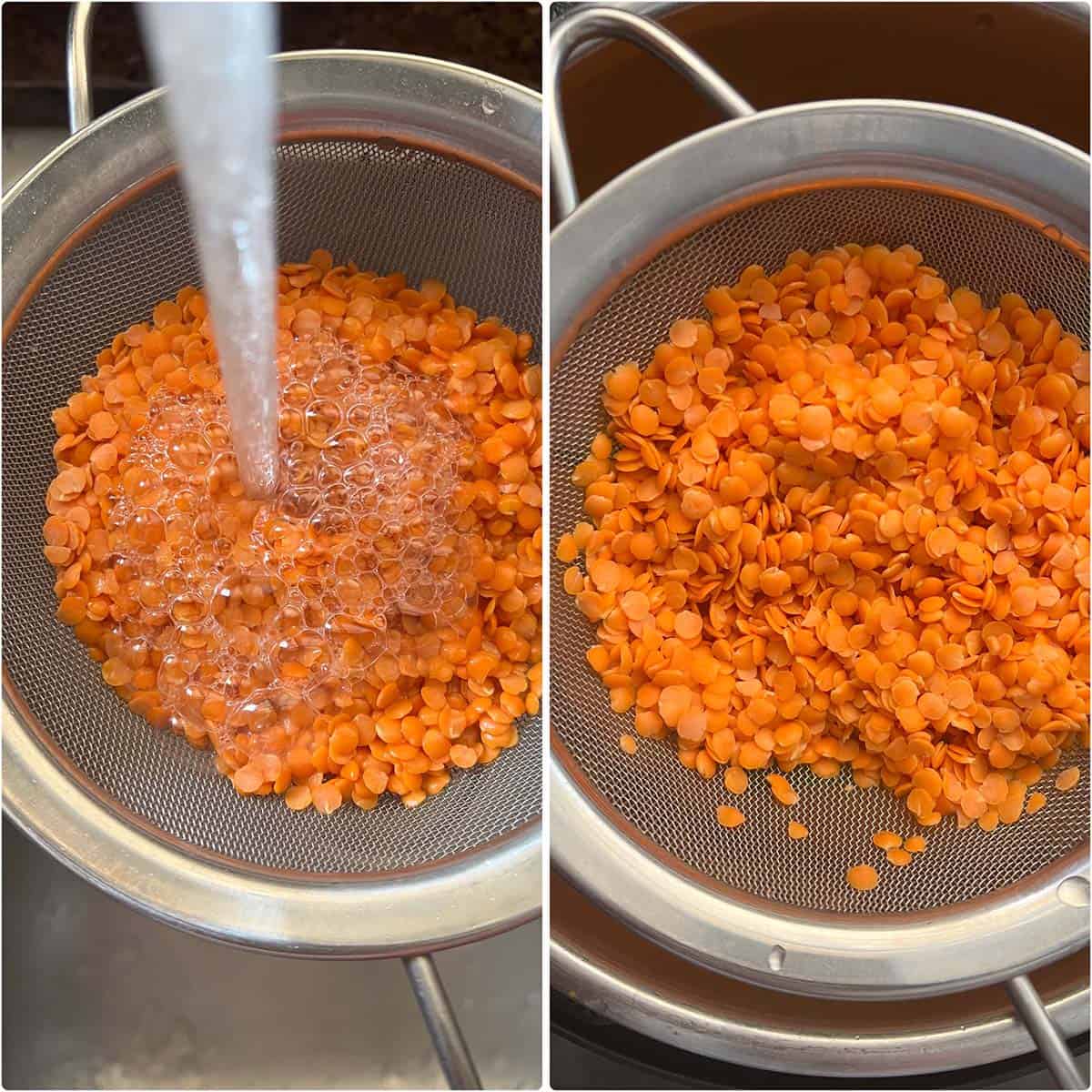 2 panel photo showing the rinsing of lentils in a sieve.