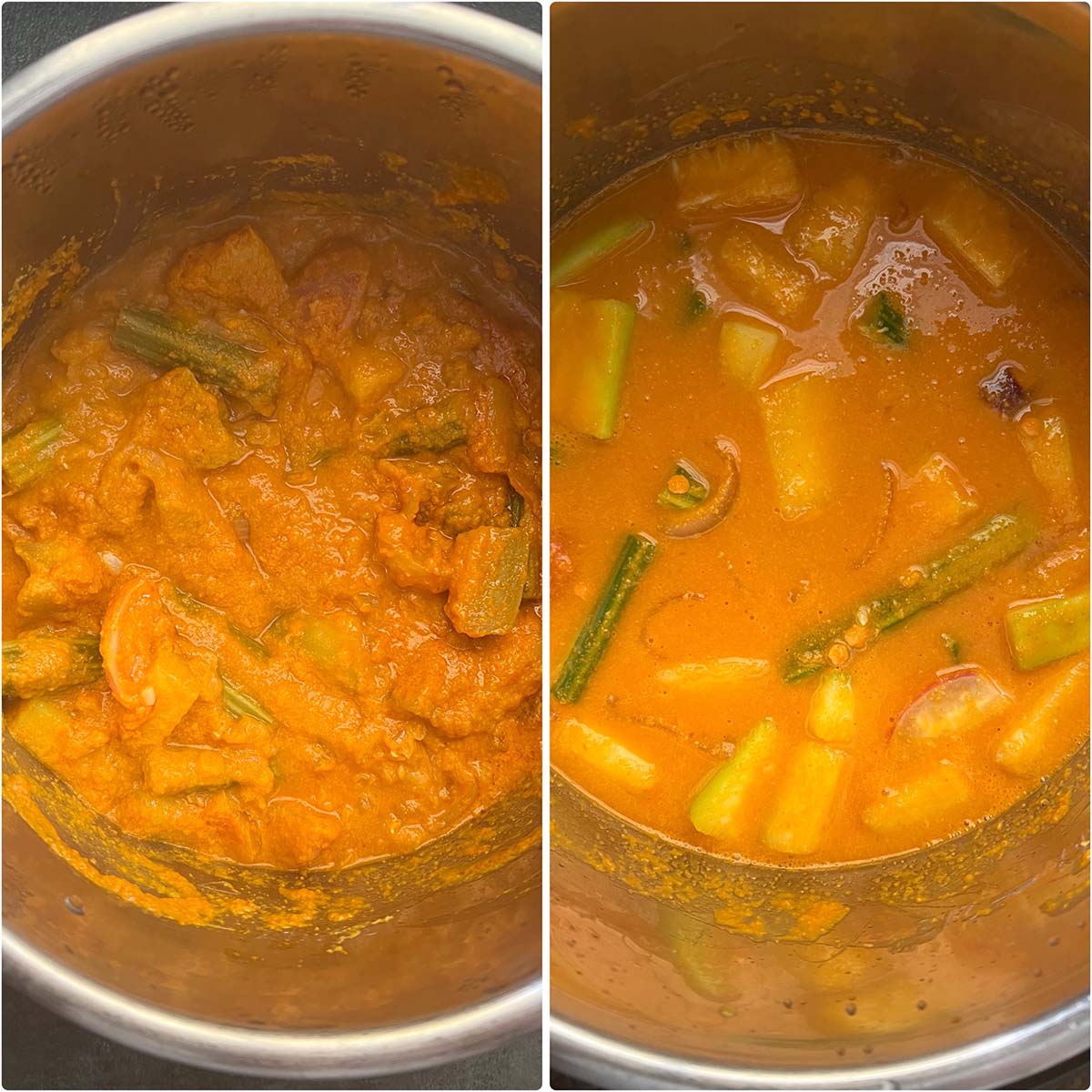 2 panel photo showing the cooked dal sambar.