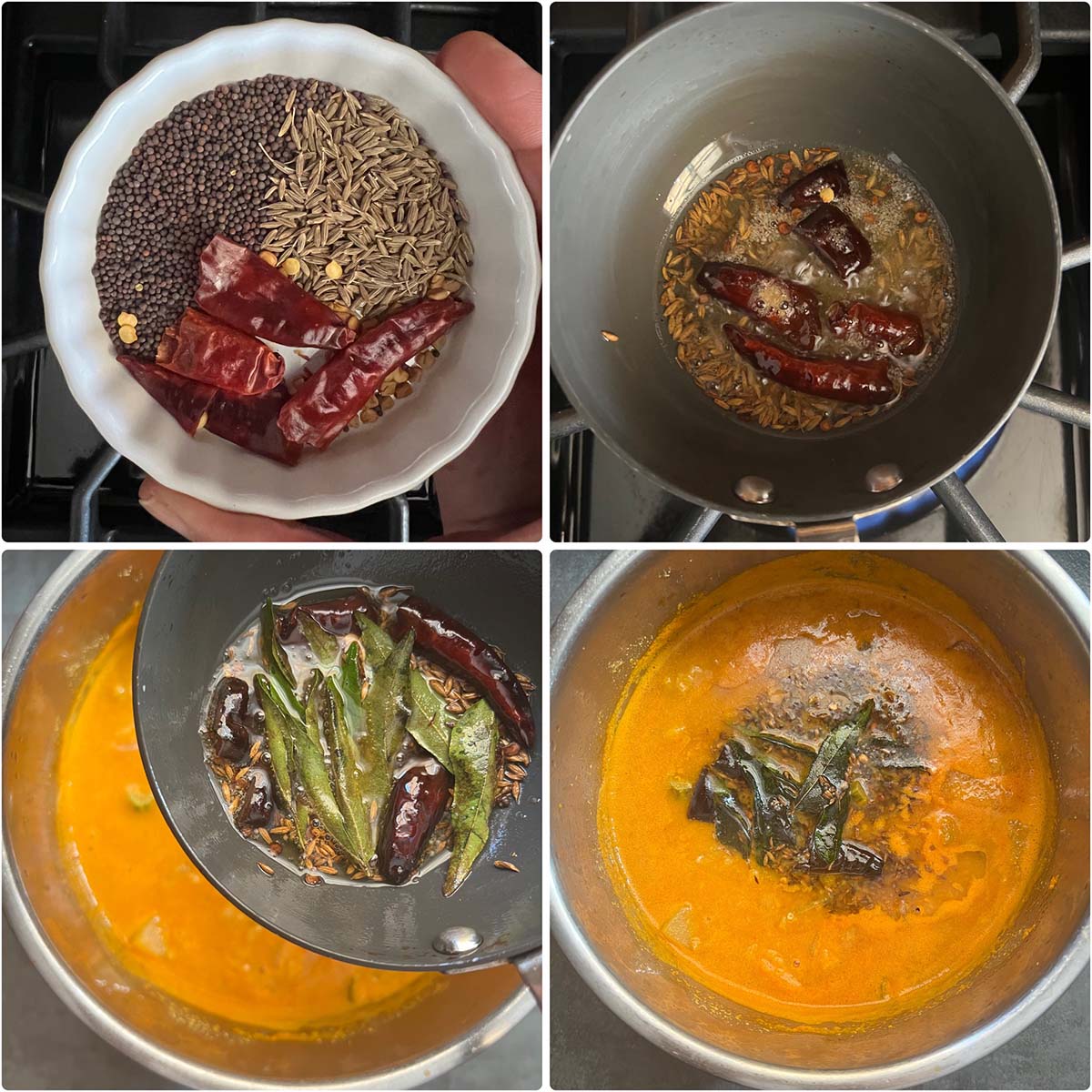 4 panel photo showing the making of tempering and adding to the instant pot.