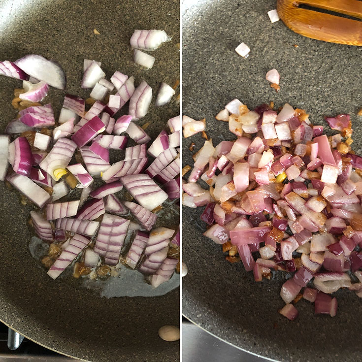 Photos showing sauteed red onions