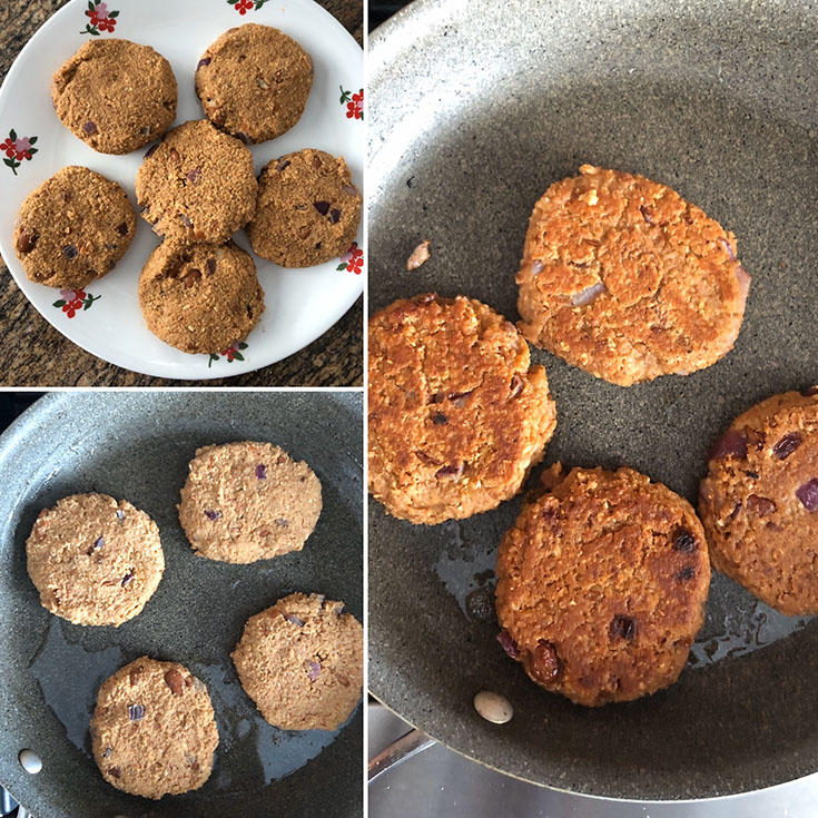 Step by step photos showing the making of refried bean burger